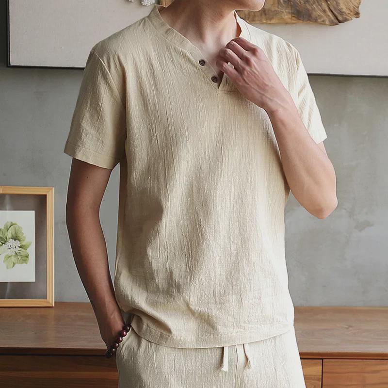 Мужская летняя футболка из льна и шелка Ice Silk с V-образным вырезом - короткий рукав, однотонный повседневный топ в китайском стиле Hanfu
