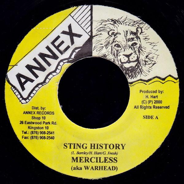7-дюймовая пластинка MERCILESS - Sting History НИКАКОЙ Annex 2000 Ямайка Регги, Ска и Даб Б/У