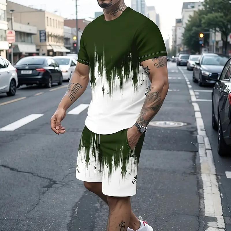 2021 летние новые мужские комплекты с 3D-печатью, футболка с круглым вырезом и принтом «Ночной вид», повседневные спортивные шорты для бега с короткими рукавами, модные шорты, костюм