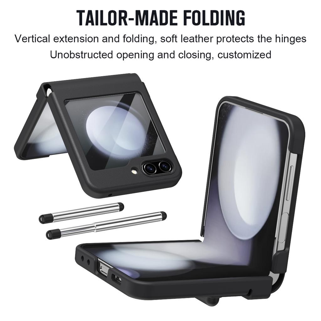For Samsung Galaxy Z Flip7 FE 5G/Flip6 5G Hinge PU Leather PC Phone Cover with Stylus/Tempered Glass Film