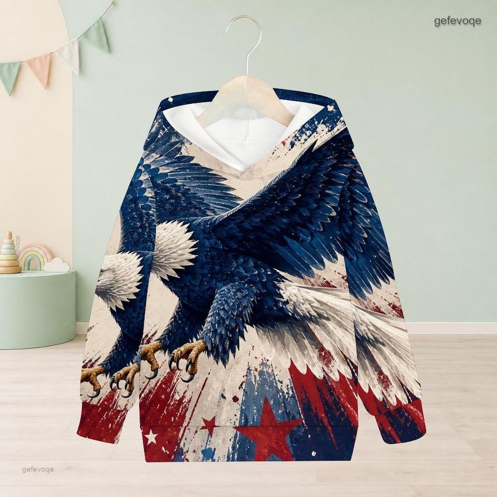 Girls Long Sleeve Hooded Pullover Eagle Star Stripe Printed Sweatshirt Red White Blue