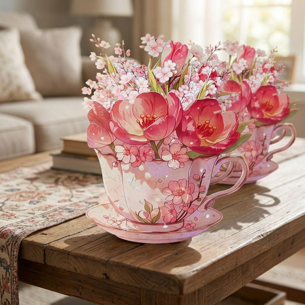 Paper Sculpture Flowers Teacup Greeting Card Surprise Gifts 3D Pop Up Bouquet Card Mother's Day