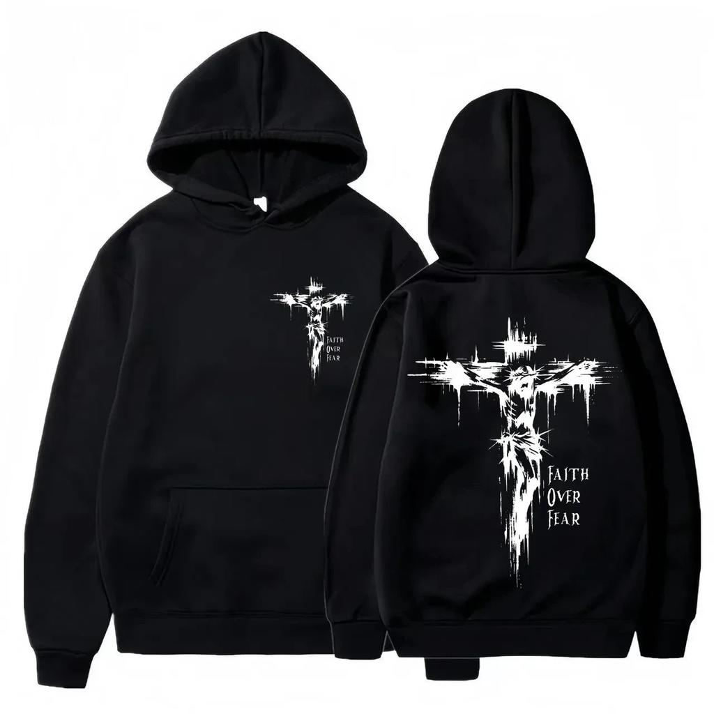 Casual Pullover Hooded Sweatshirt with Jesus Cross Print on Front and Back. Streetwear Hoodie for Autumn and Winter.