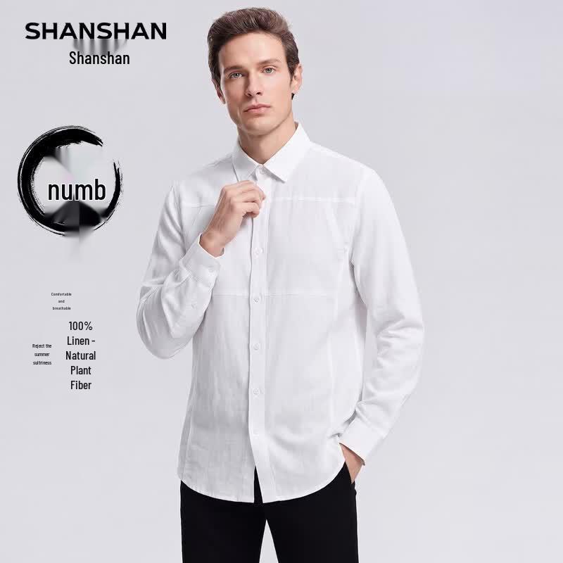 Shanshan Мужская дышащая рубашка с длинным рукавом из чистого льна