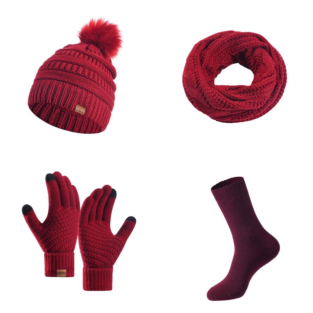 Парная теплая шерстяная шапка, вязаная плюс бархатная утолщенная взрослая шапка, шарф, перчатки, носки, комплект из четырех предметов