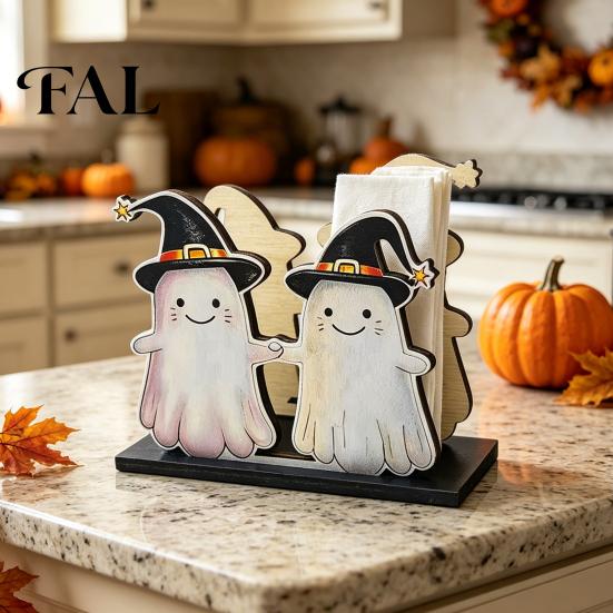 Cute Desktop Storage Box Halloween Wooden Napkin Holder, Pastel Pumpkin Ghost Black Cat Tabletop Tissue Dispenser, Waterproof Stable Decorative Stand