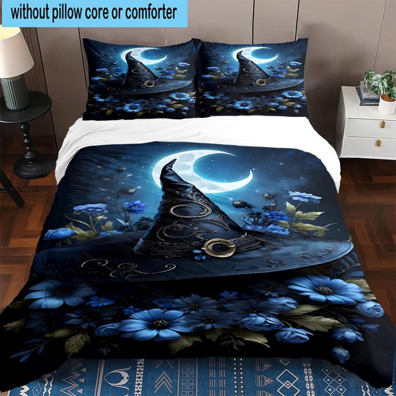 Witch's Hat And Crescent Moon 3pcs Bedding,Including 1pc Duvet Cover And 2pcs Pillowcases Perfect for Christmas,Ideal for Bedroom, Dormitory