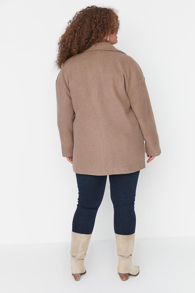 Women's Style Plus Size Wide Cut Stitched Woven Coat with Black Button Detail