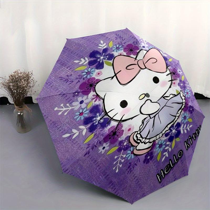 Hello Kitty,Floral Automatic Folding Umbrella-Simple 8-Rib Design, Bright Cartoon Pattern, Durable Iron Frame, Suitable For Travel, Outdoor,