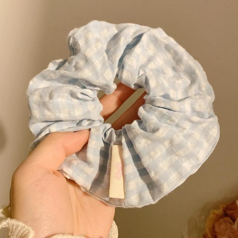 Blue Checkered Pattern, Bow Tie, Lace Handkerchief, Headband, Female, Korean Style, Oversized Headband, Hair Accessory