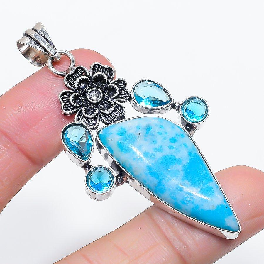 Natural Larimar, Topaz Gemstone 925 Sterling Silver Jewelry Pendant 2.64" C7w01