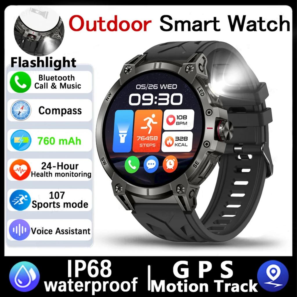2025 New Outdoor Smart Watch Men 600mAh LED Flashlight SmartWatch Compass Bluetooth call Heart rate IP 68 Sports Smartwatch 5ATM