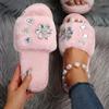 Flat Fluffy Fur Slippers Women Crystal Bright Rivet Warm Furry Slippers Women Winter Flip Flops Slides Flat Indoor Floor Shoes