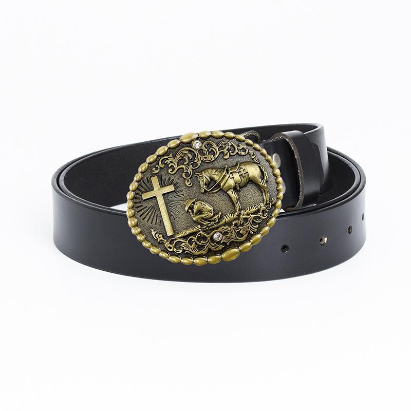 Ремень Western Cowboy Horse Cross из цельной коровьей кожи в винтажном стиле