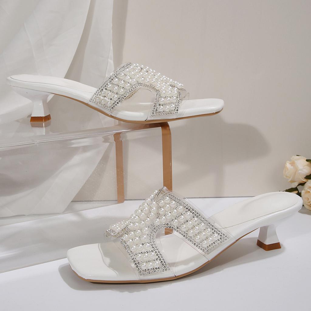 Large Size Summer New Fashion Temperament Pearl Rhinestone One-word High Heel Cool Slippers Women