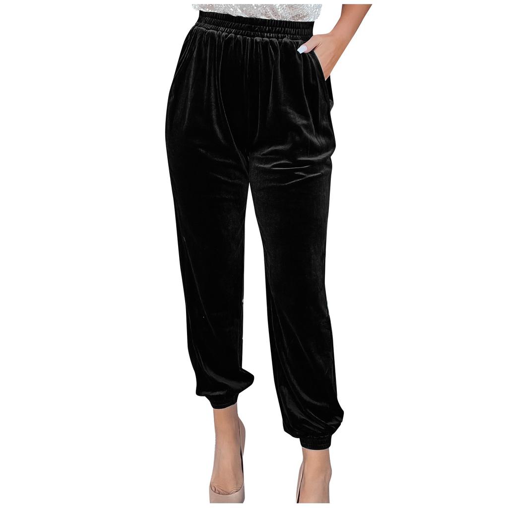 Women's Ladies Gold Velvet Trousers Straight Trousers Elastic Waist Casual Pants