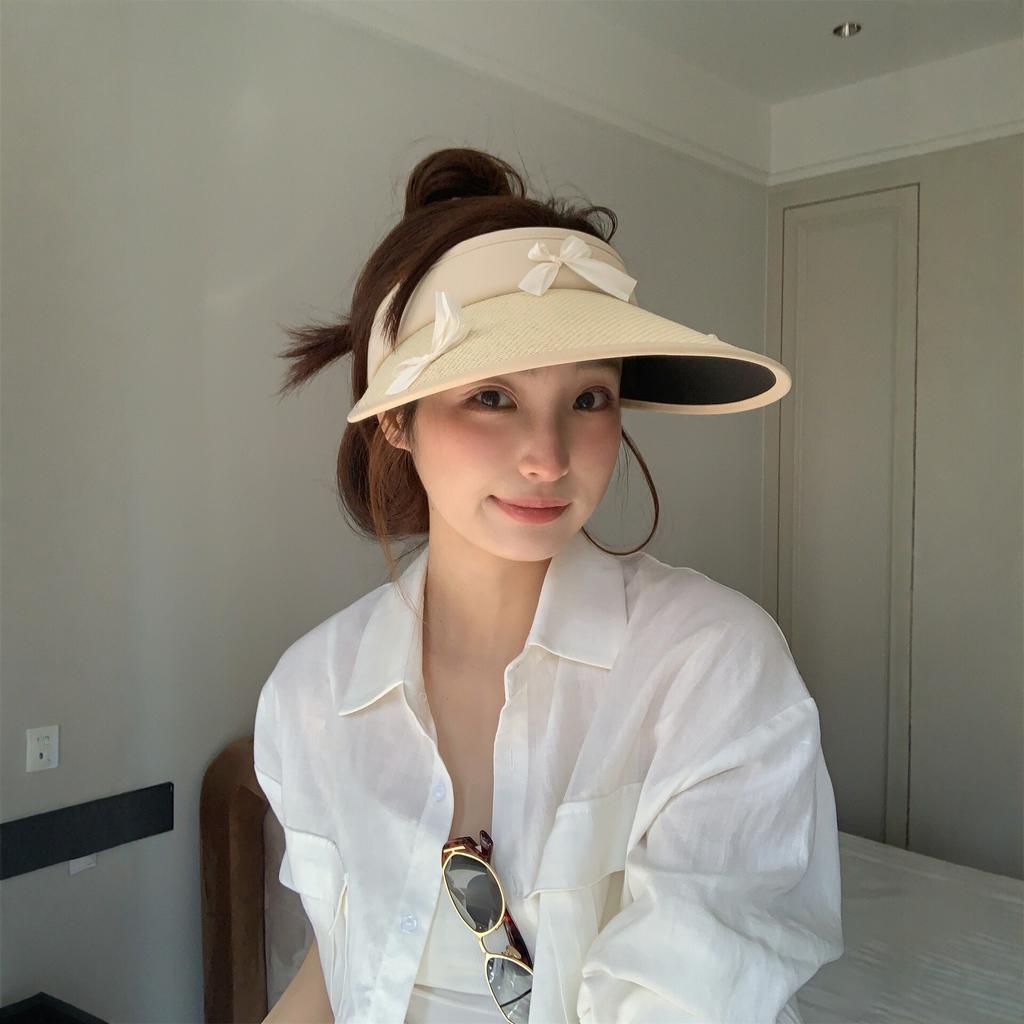 New straw vinyl bow empty top sunscreen hat women's summer outdoor big eaves breathable face small sun hat
