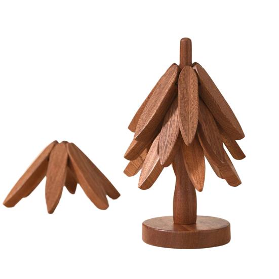 1 Set Christmas Tree Coaster with Base 4 Layers Tree Shape Wooden Trivet Anti-scald Heat