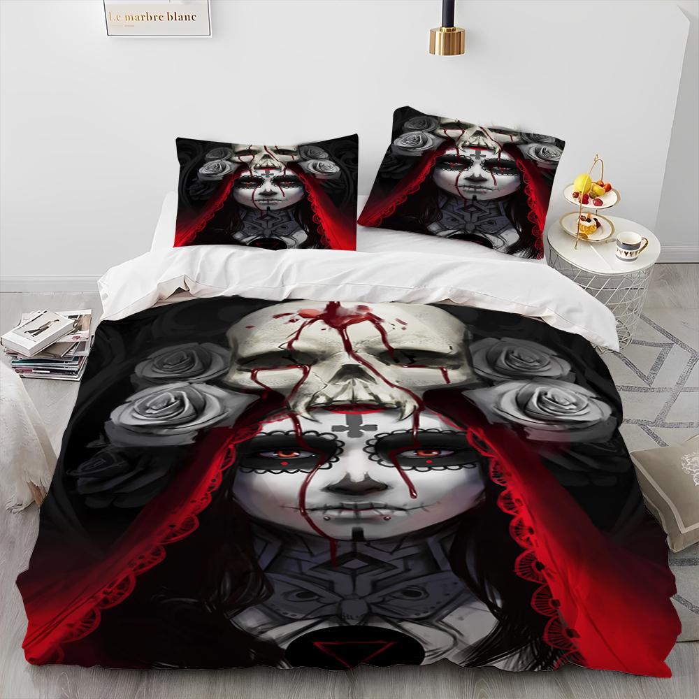 3D Horror Gothic Female Skull Dead Girl Comforter Bedding Set,Duvet Cover Bed Set Quilt Cover Pillowcase,Queen Size Bedding Set