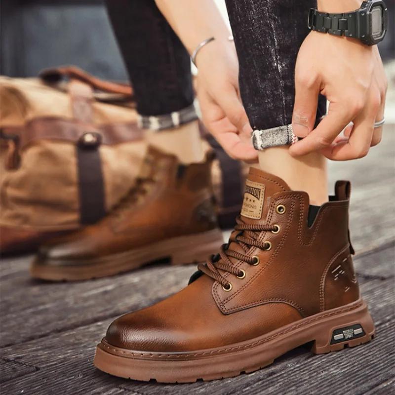 Мода 2024Мужские ботинки Высококачественные кожаные ботинки Ботильоны на шнуровке в стиле ретро Модные мотоциклетные ботинки для мужчин Ботинки на платформе Botas Hombre