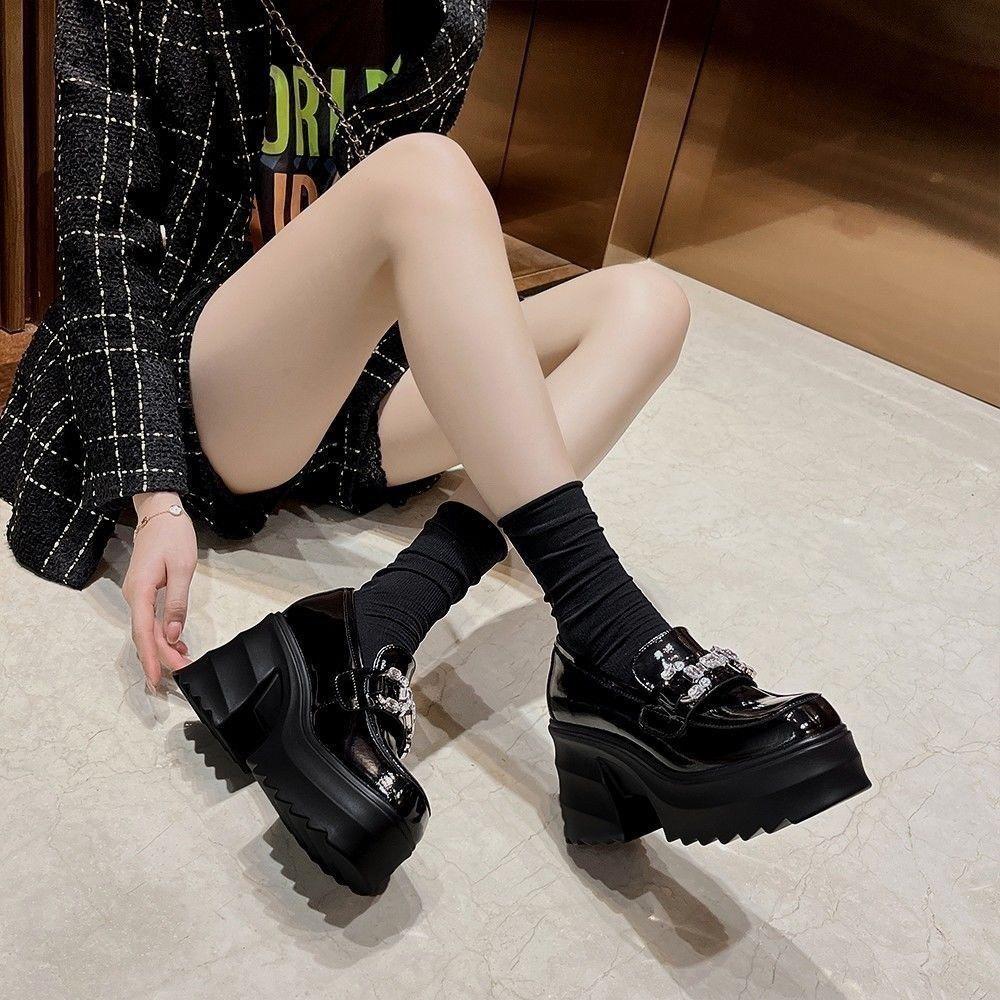 Женские туфли-лоферы Весна Осень Новые Британский стиль Массивный каблук Толстый высокий каблук Универсальные Маленькие кожаные туфли