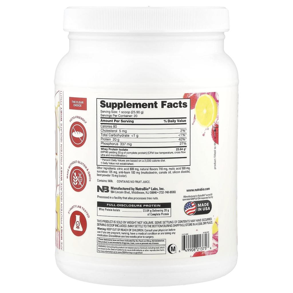 Clear Protein Powder, Whey Protein Isolate, Strawberry Lemonade Flavor, 518G (1.2Lb)