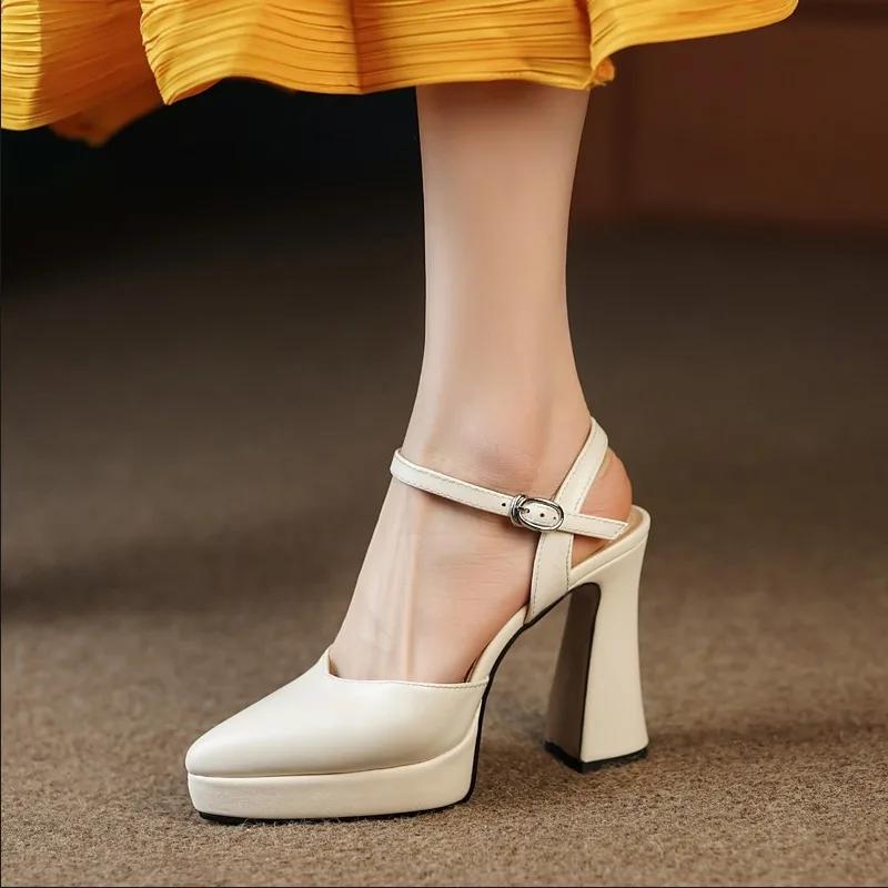 Fashion Women's High Heel Sandals Pointed Toe One-line Buckle Square Heel Shoes Women Dress Cover Toe French Elegant Sandalias De Mujer