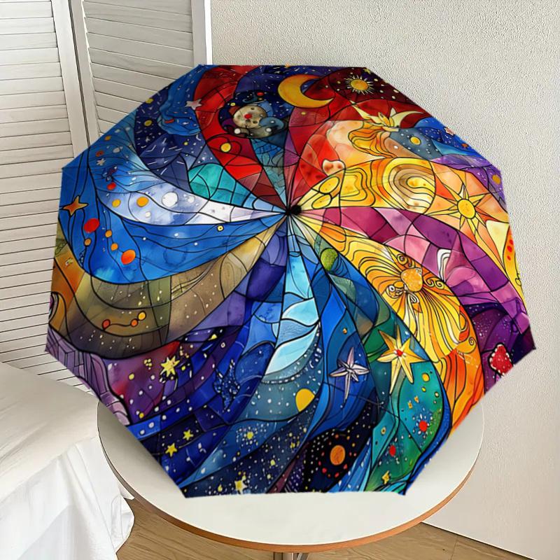 Starry Night Sky Automatic Folding Umbrella Portable Tri Fold Design with Iron Frame,Perfect for Outdoor Use,Festive Gifts,Travel,Dail