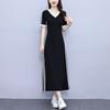 New V-neck A-word Skirt Casual Temperament Cover The Belly, Reduce The Age and Close The Waist Super Long Sports Dress Women's Black