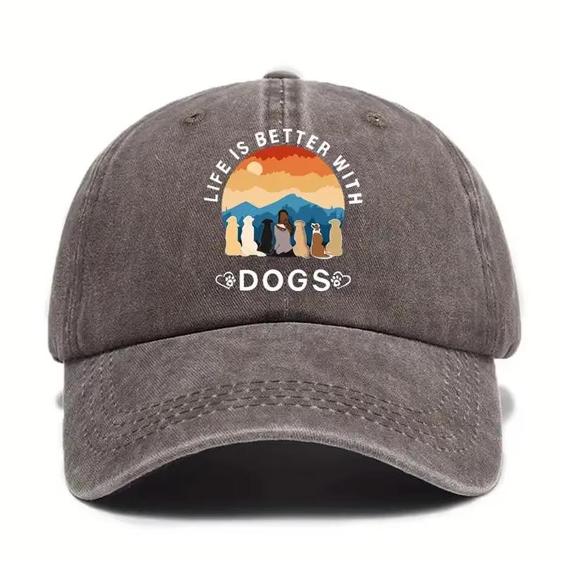 A baseball cap of urban style suitable for both Unisex and Women, with the words "Life is better with dogs" printed on it.