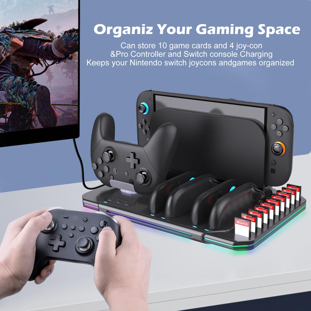 Многофункциональная подставка для охлаждения и зарядки для Switch 2 с охлаждающим вентилятором, 10 слотами для игровых карт и 9 регулируемыми световыми эффектами