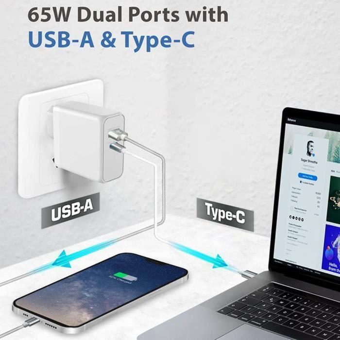 Зарядное устройство USB-C 65 Вт - e.F.Connection - 2-в-1 - PD 33 Вт - QC 3.0 - Кабель 1 м