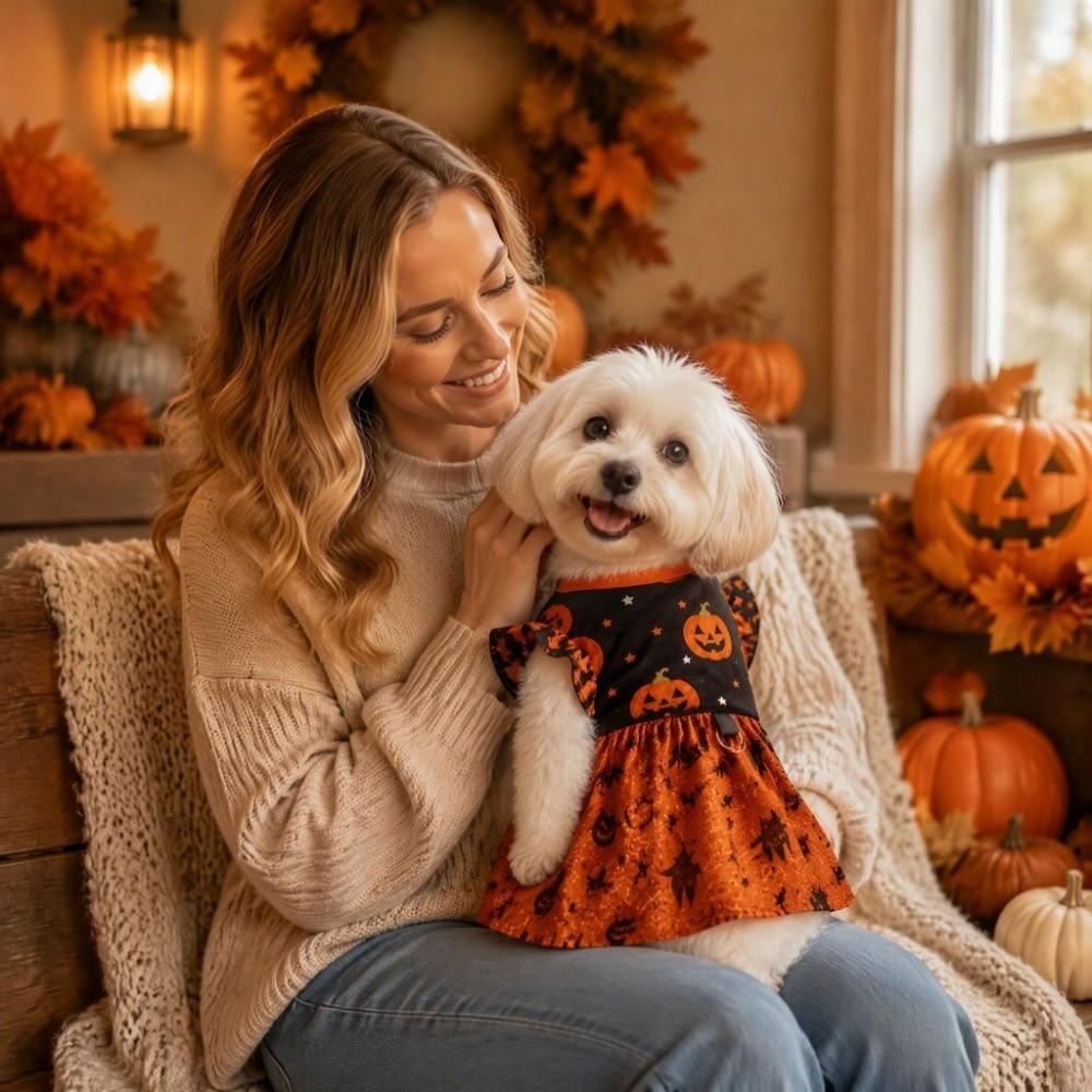 Comfortable Dog Shiny Dress Color-blocking Dog Pumpkin Print Dress Medium Breeds