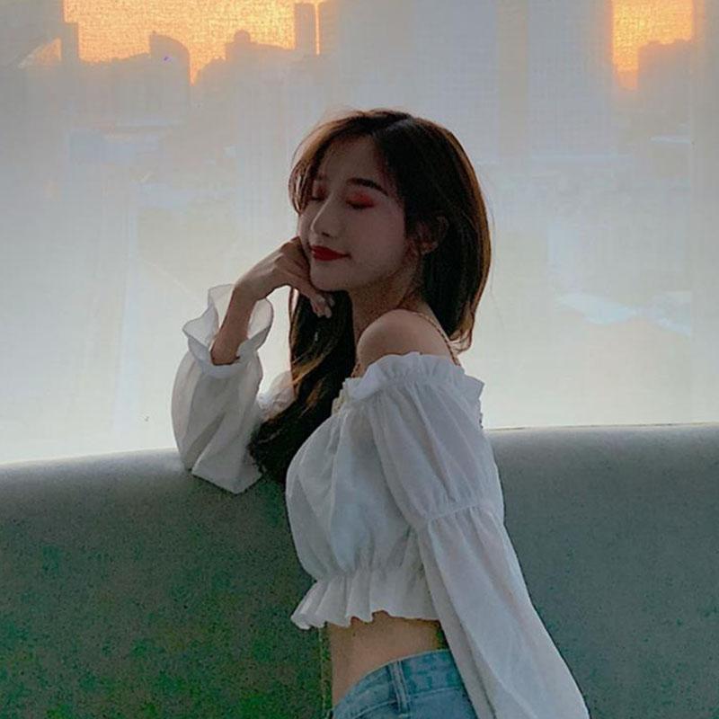 Slash Neck Sexy Off Shoulder Women's Short Top Pure Desire T-shirt Crop Top High Waisted Navel Exposed Puff Sleeve Korean Fashion Spring Autumn