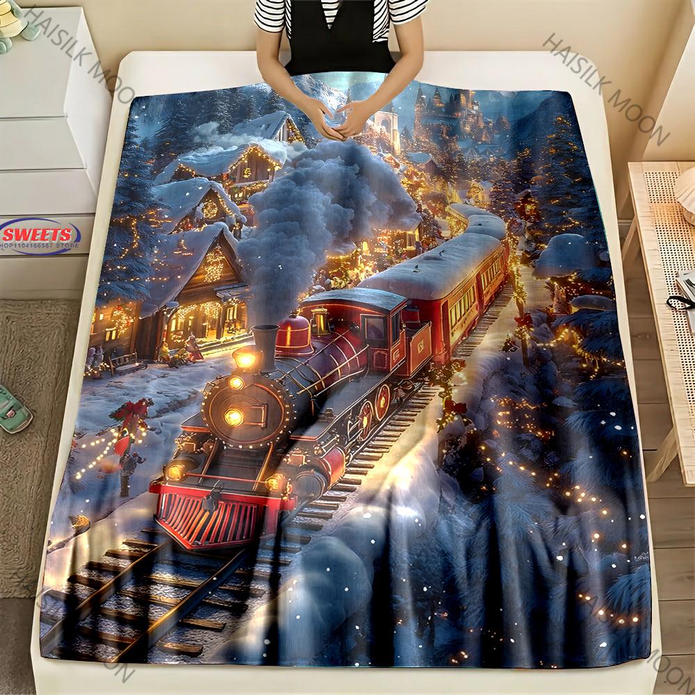 3D Vintage Train Print Flannel Queen Blanket - Soft Cozy Blanket for Couch, Sofa, or Bed, Office Travel Camping Holiday Gifts