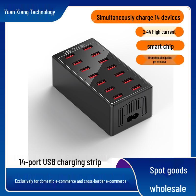 14-Port Smart USB Charger, 60W Multi-Port Mobile Phone Charging Hub for Office & Live Streaming