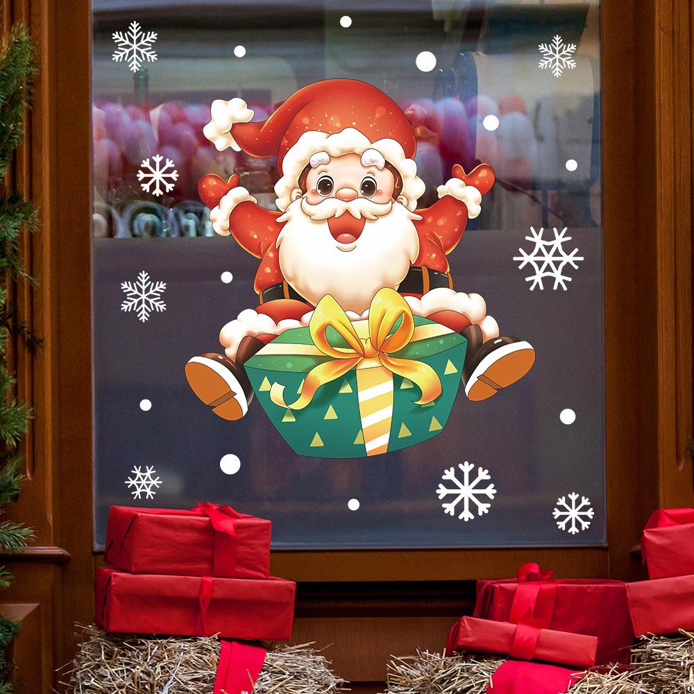 Мультяшный Санта-Клаус Снежинка Подарочная коробка Атмосфера Украшенные стеклянные наклейки на окна для окон и дверей