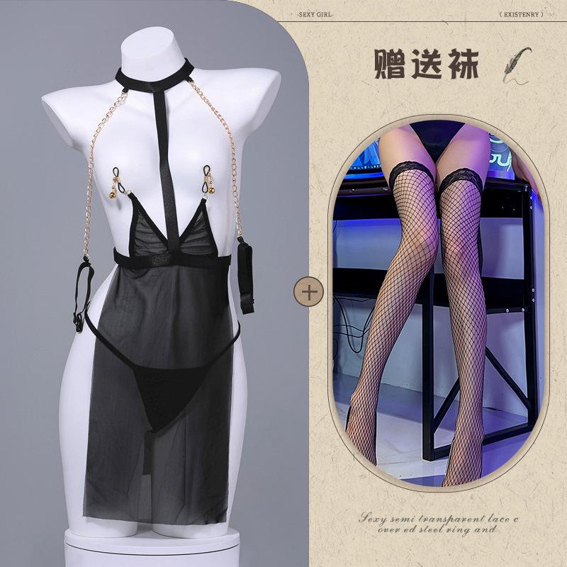 Erotic lingerie sexy mesh see-through uniform temptation leaking breasts passion stripless SM battle robe girl on the bed