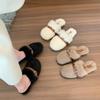 Baotou Mao Mao Slippers Women's Wear 2024 Autumn New Low Heel Milk Almost Fashion Design Sense Square Buckle Home Cotton Mop