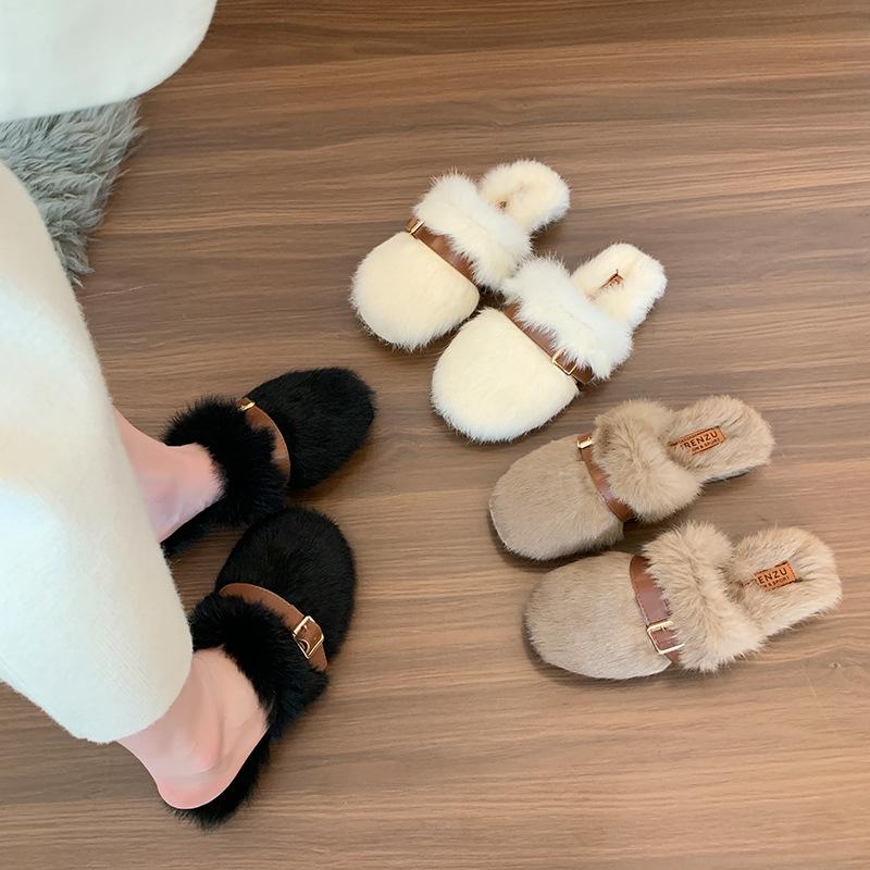 Baotou Mao Mao Slippers Women's Wear 2024 Autumn New Low Heel Milk Almost Fashion Design Sense Square Buckle Home Cotton Mop