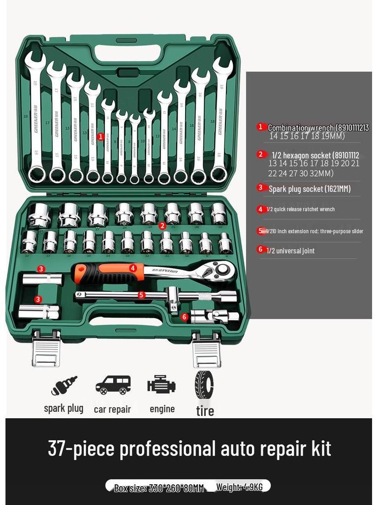 Набор инструментов для авторемонта "Зеленый Лес": Торцевой ключ, Трещотка, Комбинированный ящик для инструментов.
