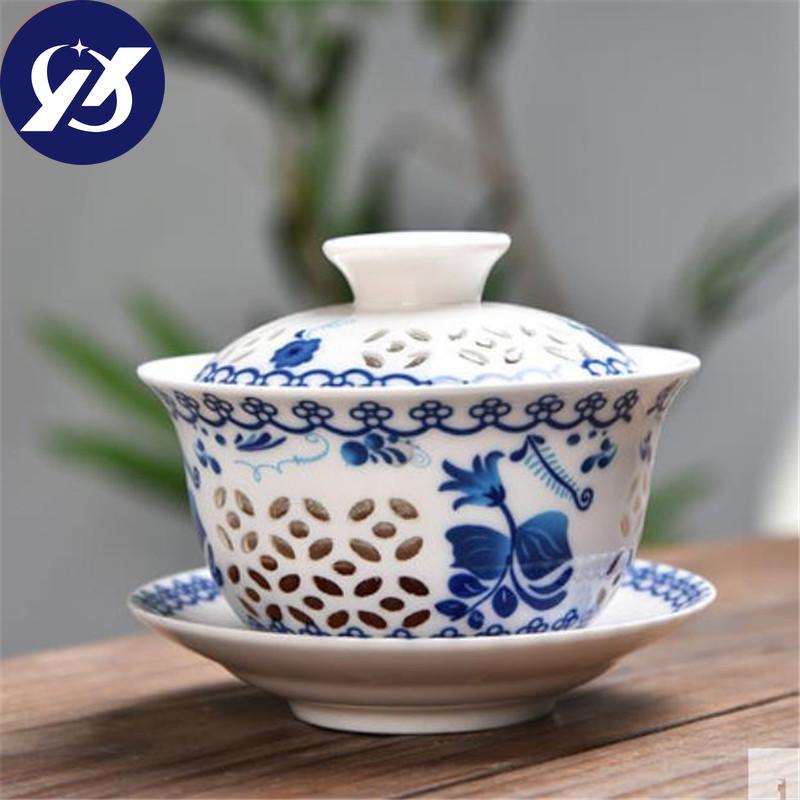 Фарфоровые полые чайные чашки синего и белого цвета, керамическая офисная чайная чаша Kung Fu Gaiwan с крышкой, 160 мл