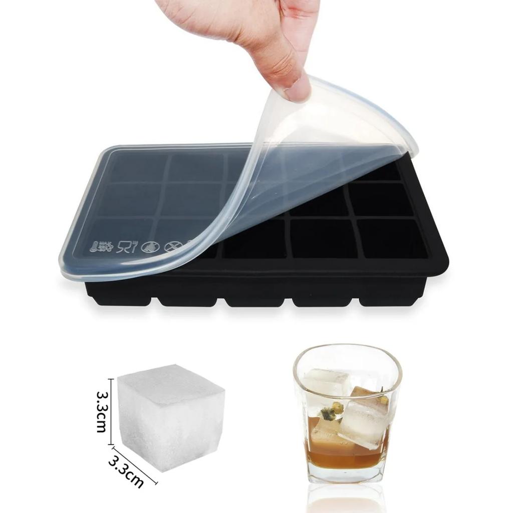 Premium Food Grade Silicone Ice Cube Tray 15 Grids Square with Lid Durable DIY Ice Maker for Whiskey Cocktails Coffee
