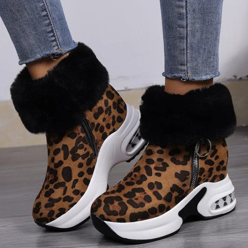 2024 Winter New Fashion Shoes for Women Round Toed Leopard Print Cotton Shoes Plush Warm Casual Flat Snow Boots Ladies Zapatos