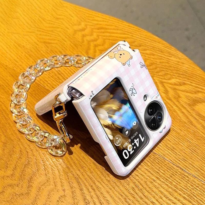 Cute Pink Plaid Foldable Phone Case Leather Cover With Crystal Chain For Samsung Z Flip6 Z Flip5 Z Flip4 Xiaomi Mix Flip Huawei P50 Pocket