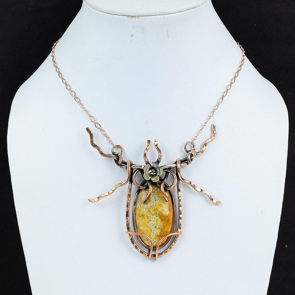 Ожерелье из ископаемого коралла, ожерелье из медной проволоки, регулируемое ожерелье ручной работы, ожерелье из драгоценных камней, ювелирные изделия из медной проволоки, подарки на помолвку