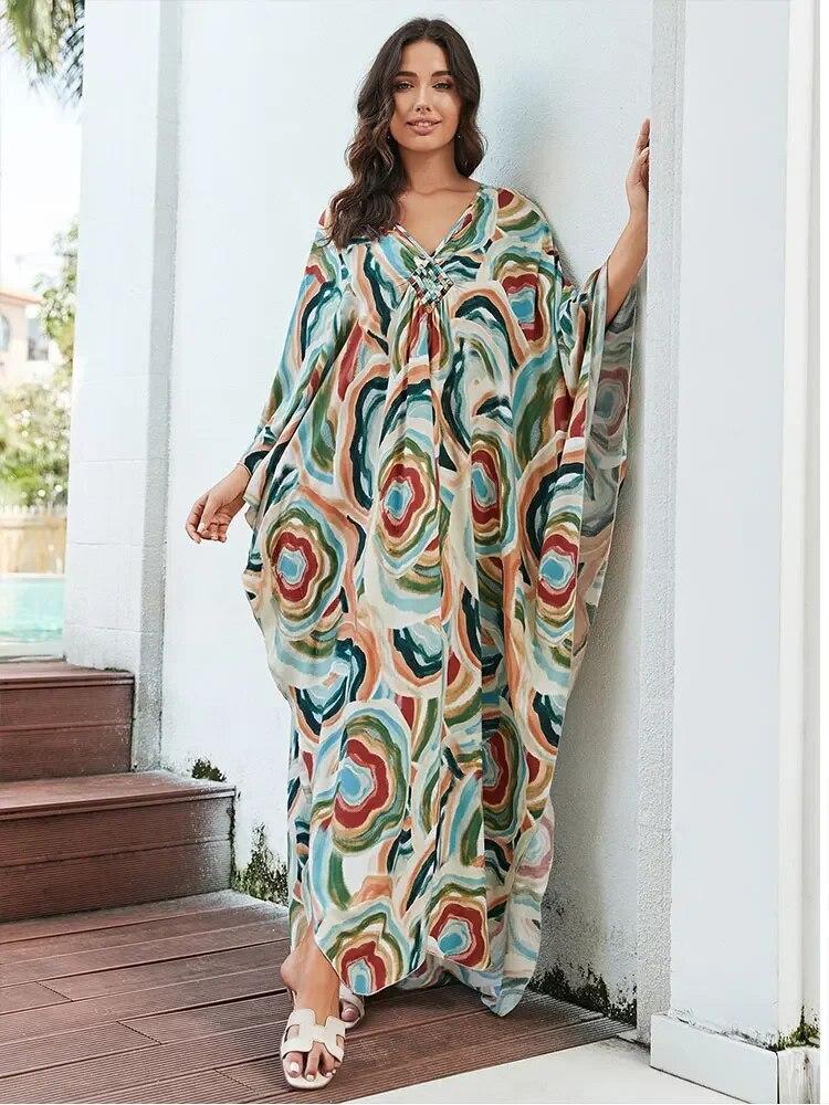 EDOLYNSA Кафтан больших размеров с богемным принтом, летнее длинное пляжное платье, женская домашняя одежда, купальный костюм, накидка, свободный кафтан