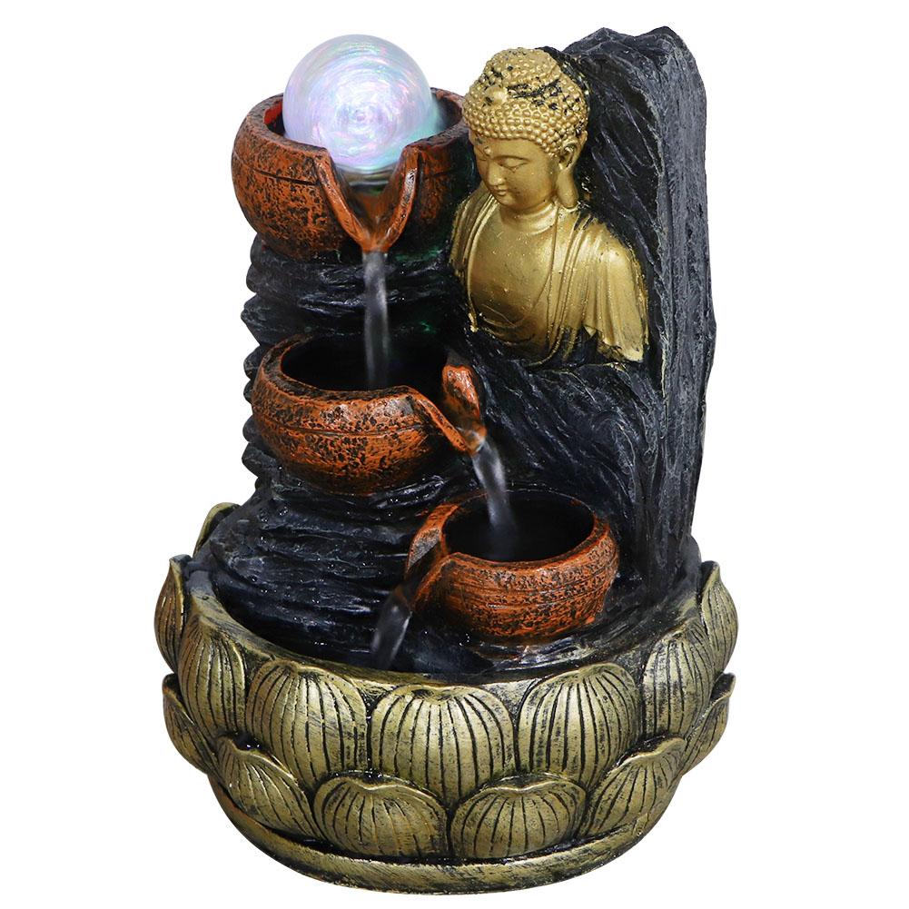 Настольная статуя Будды, фонтан, текущая вода, украшение с подсветкой и шариками из смолы, пейзаж