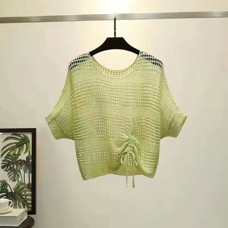 Вязаная женская летняя накидка с короткими рукавами в Корейском стиле, свободный короткий пуловер на шнурке, сетчатая рубашка