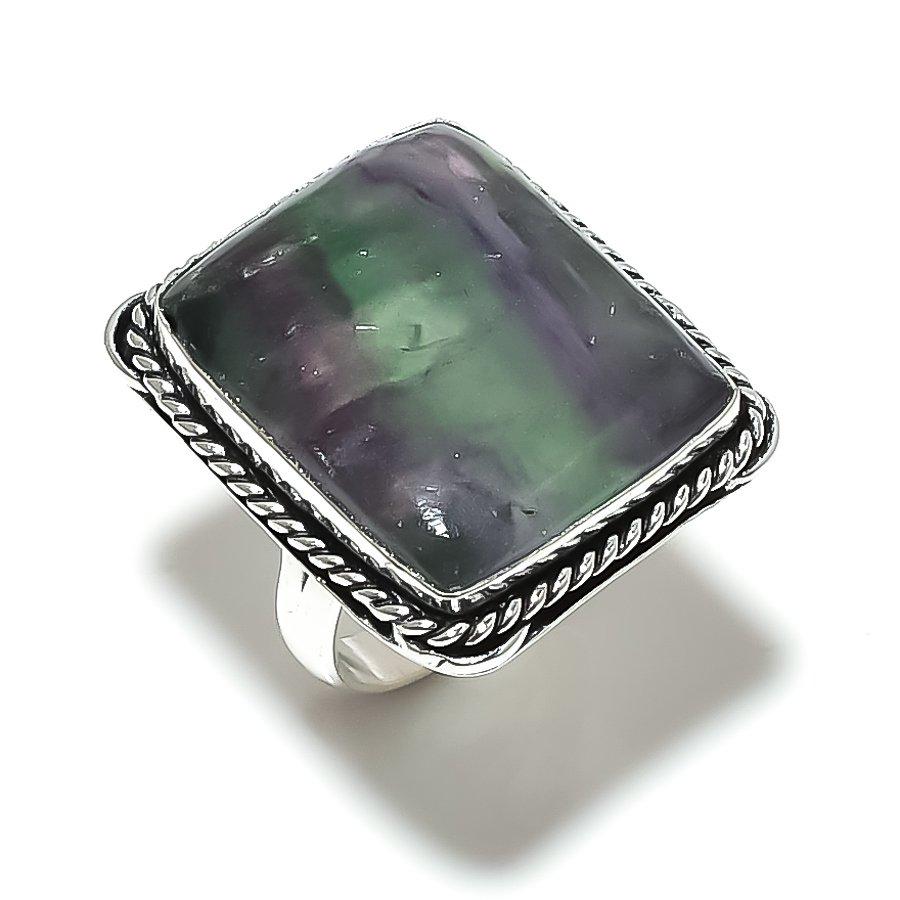Natural Green Fluorite Gemstone Handmade 925 Sterling Silver Ring Size 7 J6u49
